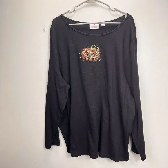 Quacker Factory Rhinestone Pumpkin Black Waffle Knit Long Sleeve Tee Size 3X - Picture 2 of 12